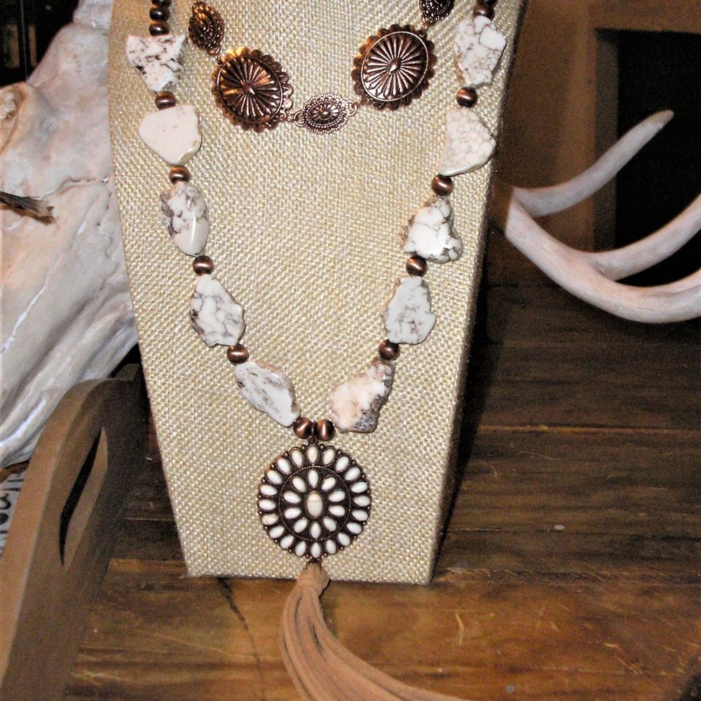 White Stone and Copper Pendant Necklace With Copper Concho Choker